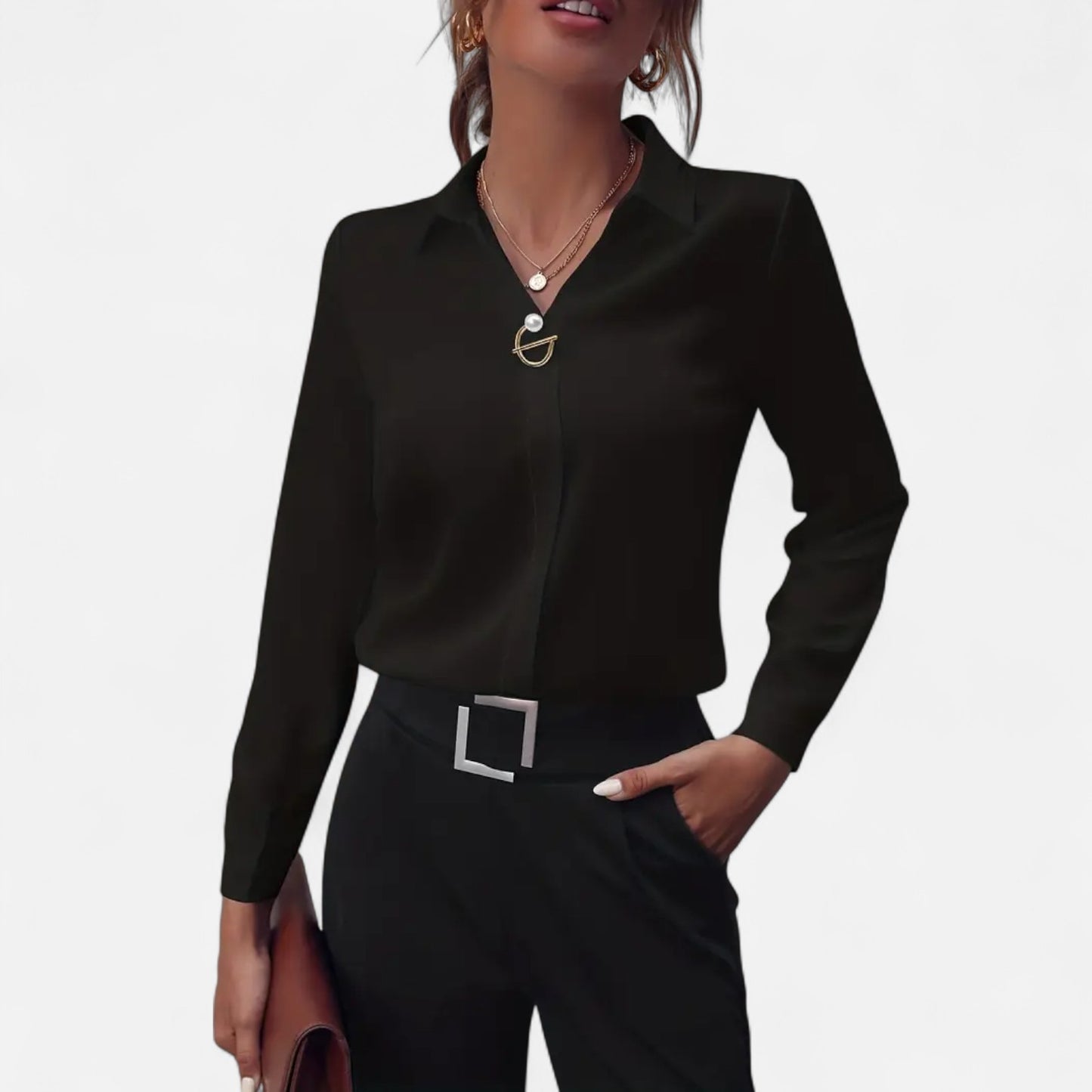Novaréy | Blouse Élégante à Manches Longues – Détails Boutons Perles et Finesse Intemporelle