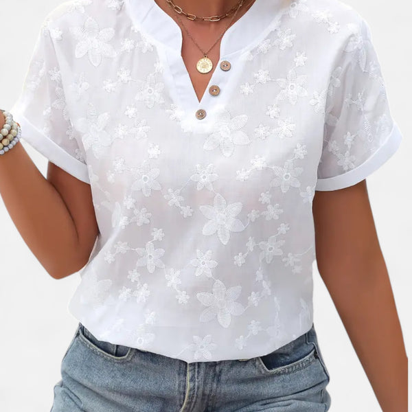 Novaréy | Chemise Blanche Femme à Motif Fleuri – Fraîcheur Florale et Coupe Décontractée